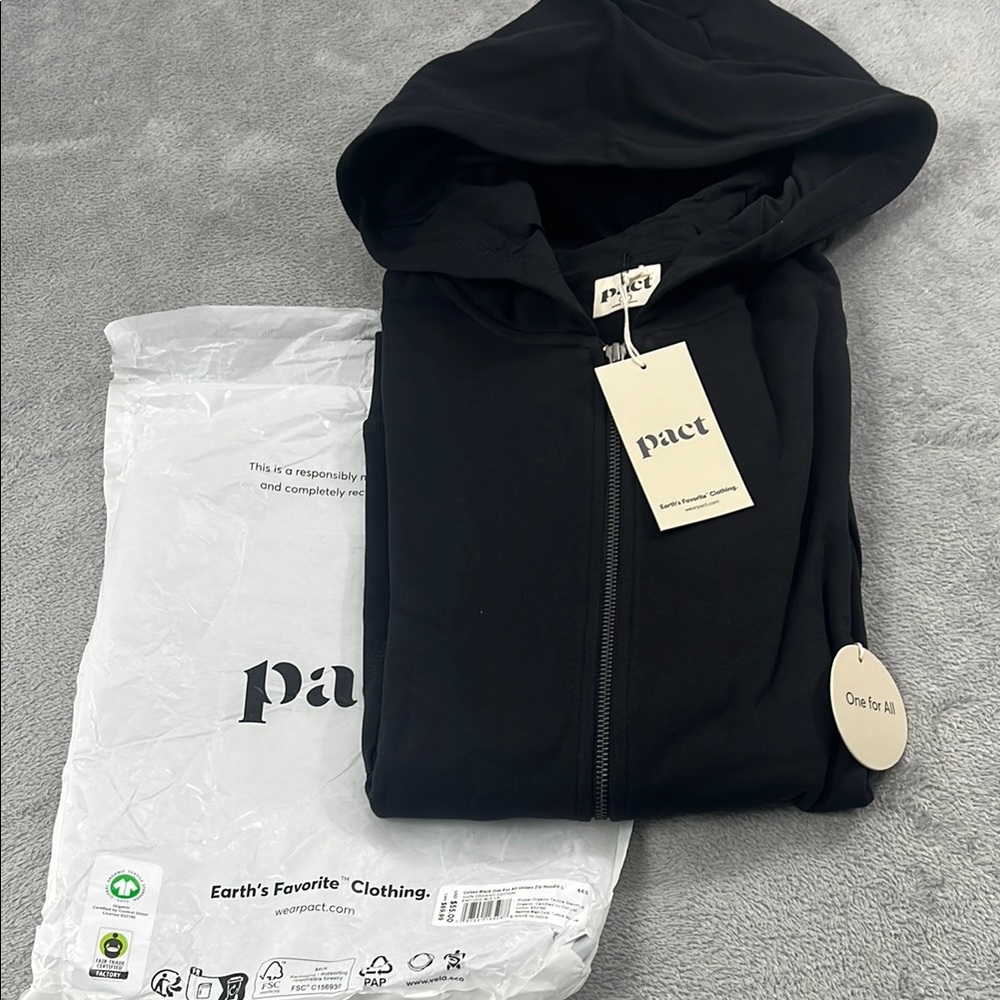 NEW L Pact Organic Unisex Women's Black One For All Full Zip Hoodie